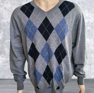 Davis & Squire Sweater Mens XL Gray Argyle Diamond Merino Wool Grandpa Academia